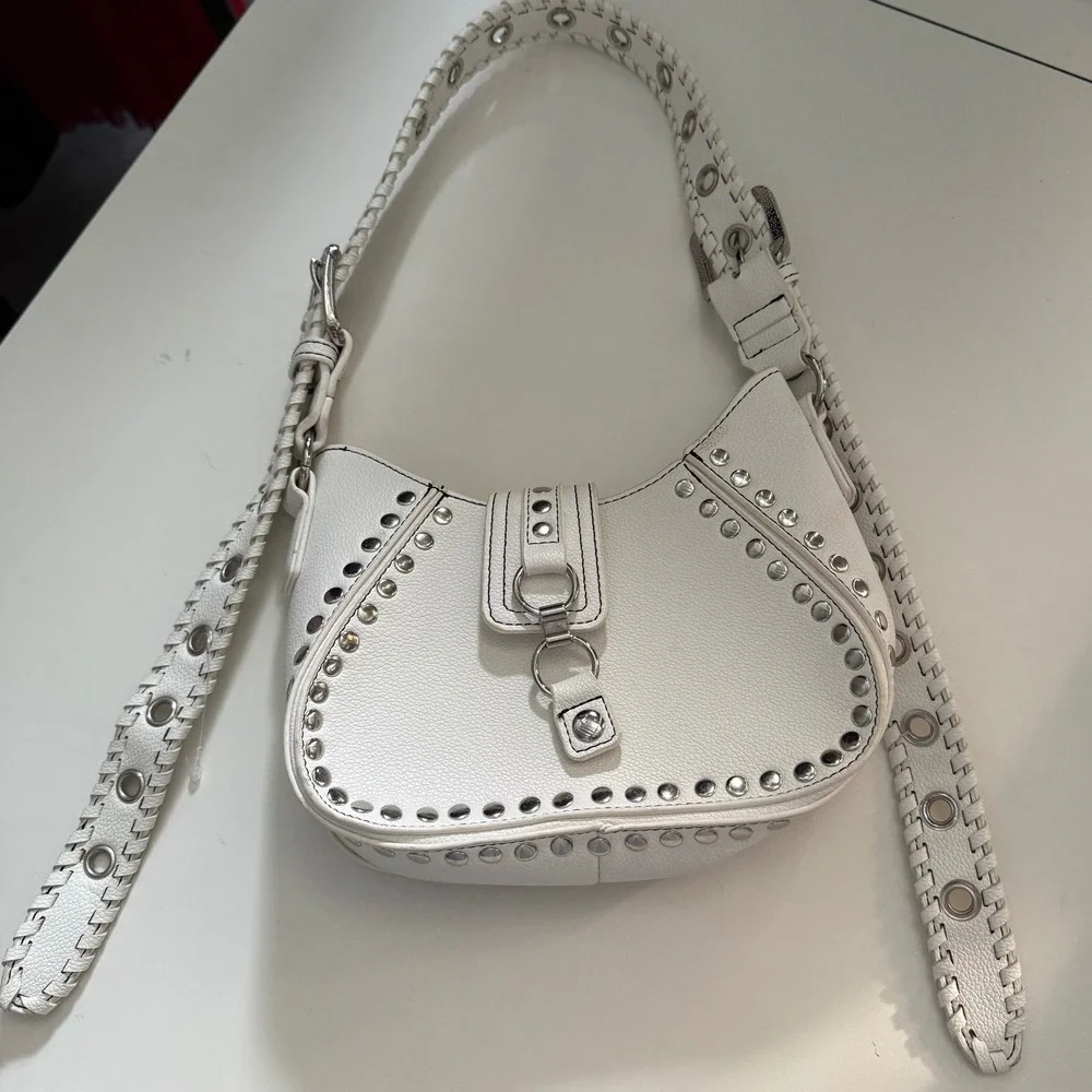 White Studded Shoulder Bag‎ Silver Studs Adjustable Strap Grunge purse